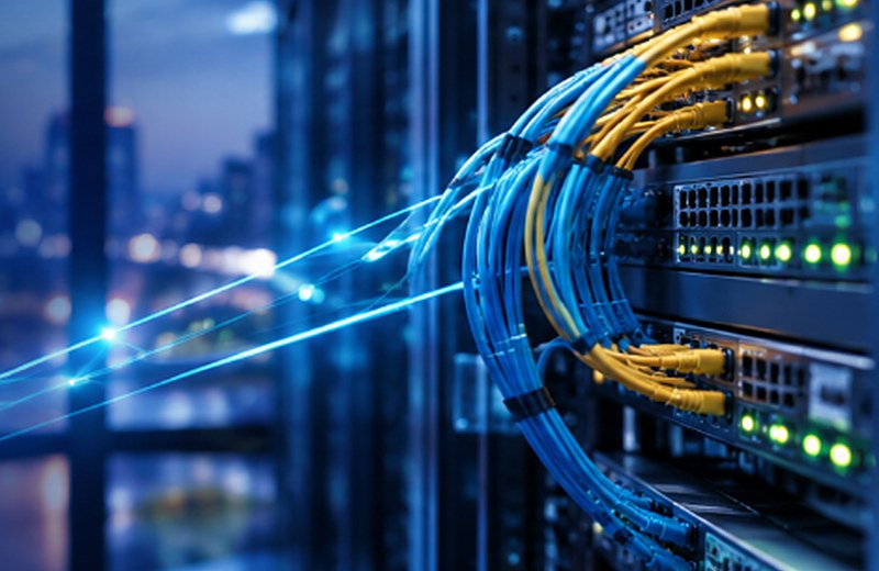 Fibra óptica, switches y equipos de red empresarial